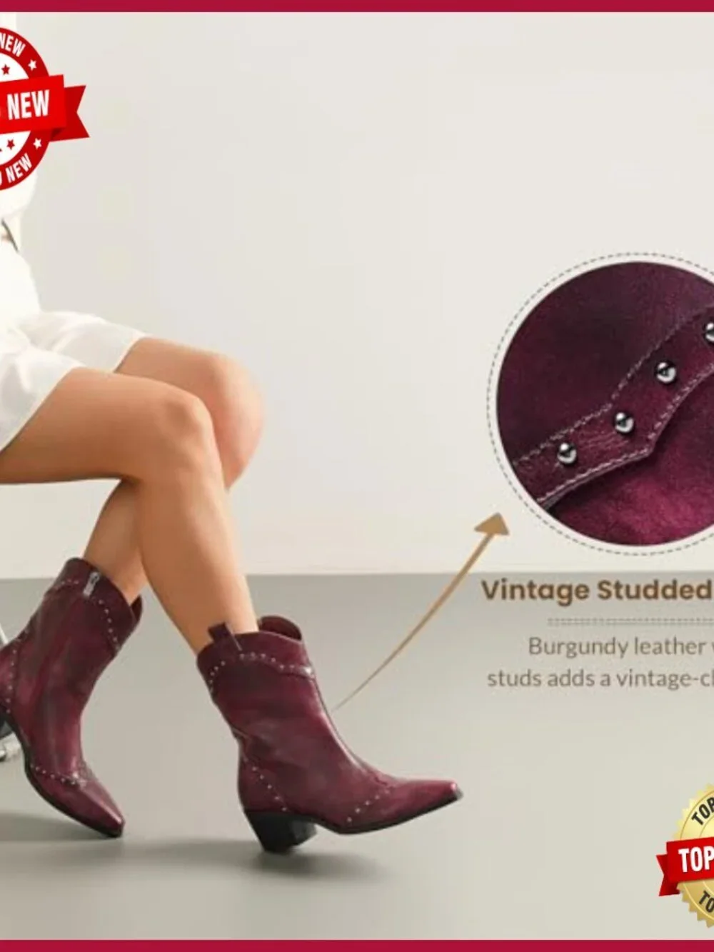 Women's Studded Western Ankle Boots Low Block Heel Cowboy Booties Zip